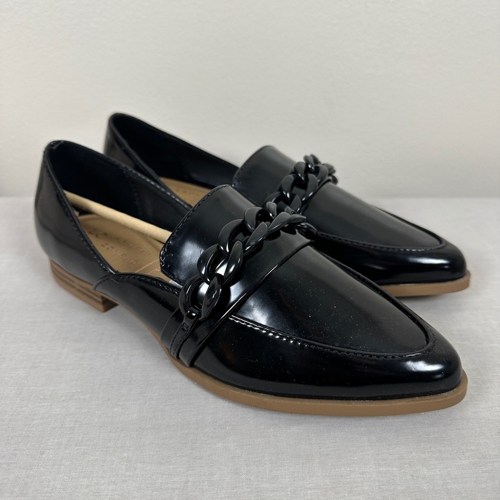 LC Lauren Conrad Women's 6.5 Demii Loafers Black Patent Chain Accent Memory Foam